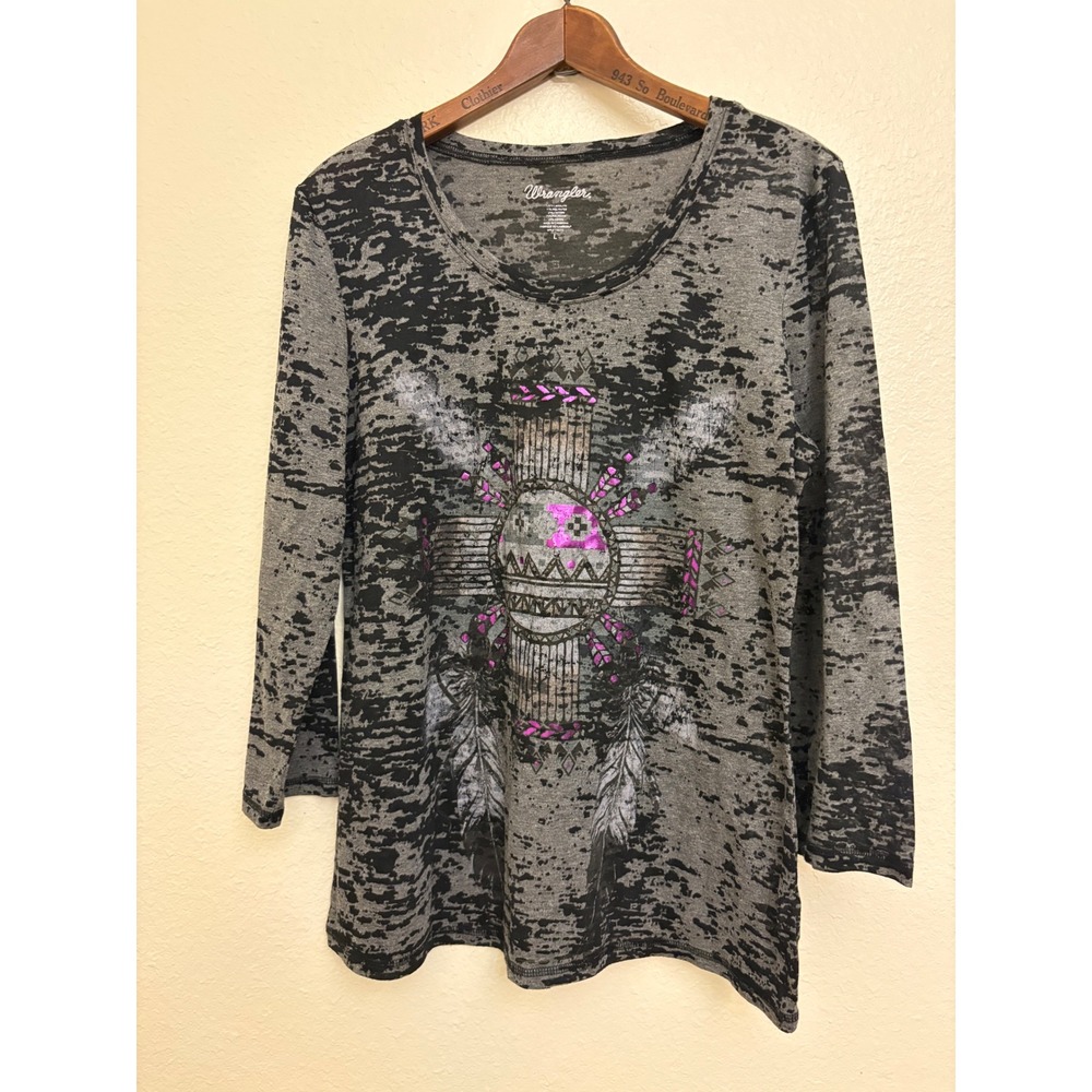 Wrangler Womens Gray Burnout Southwestern Graphic Top Pink Foil Accents Large